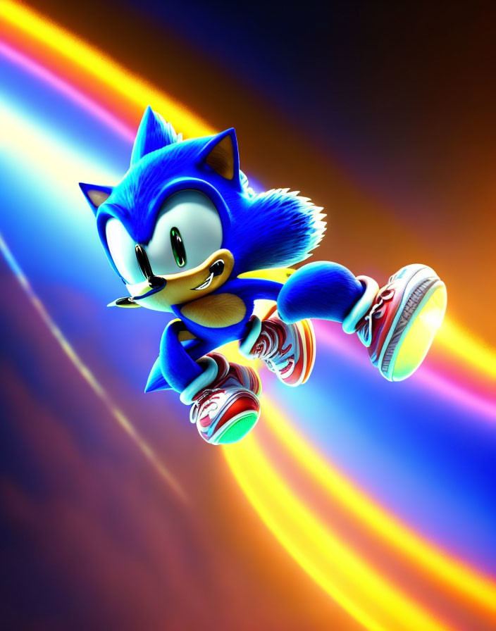 Blue hedgehog character speeds through colorful trail in animated image