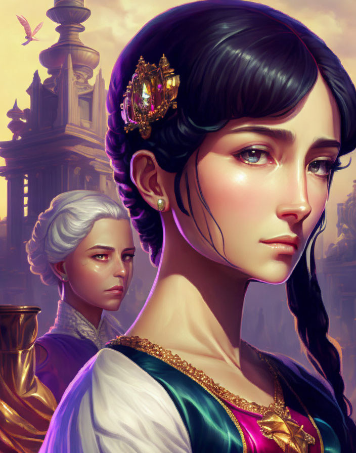 Digital Artwork: Two Regal Women, Young Dark-Haired Woman with Golden Crown, Mature Woman