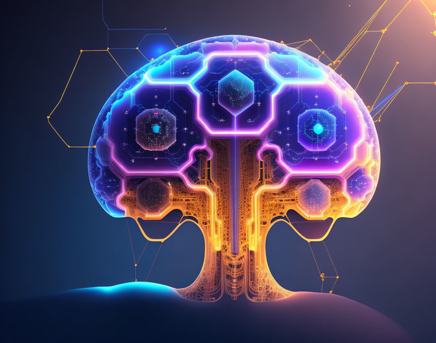 Illustration of Human Brain as Circuit Board with Glowing Neon Areas