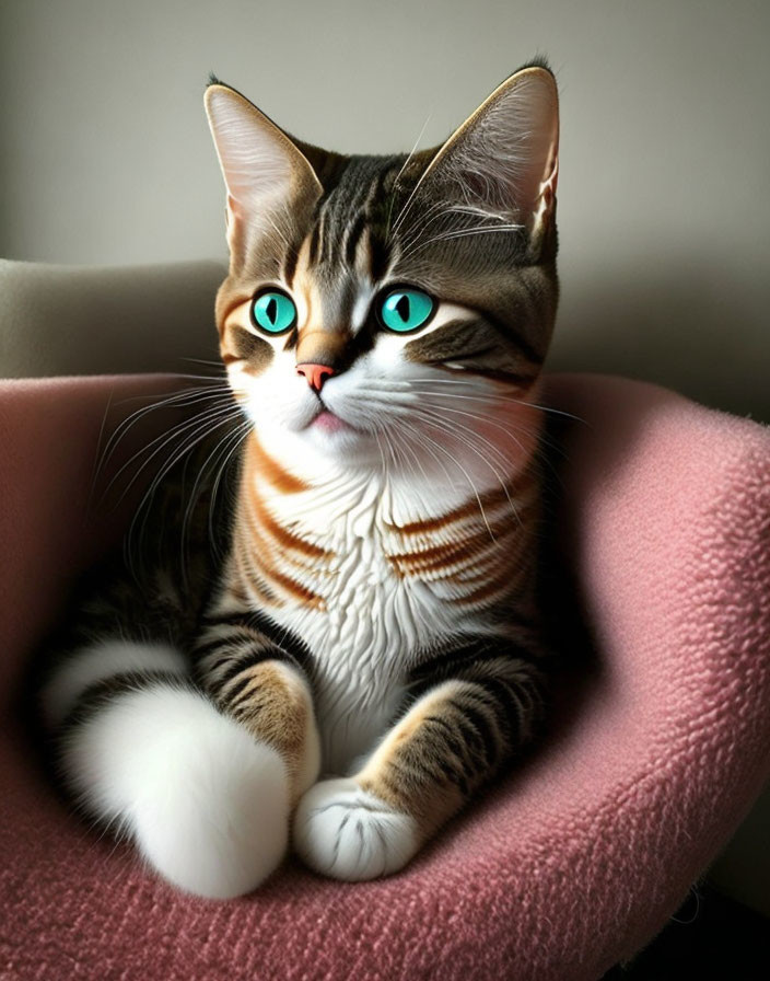 Tabby Cat with Green Eyes on Pink Cushion gazes intently to the side