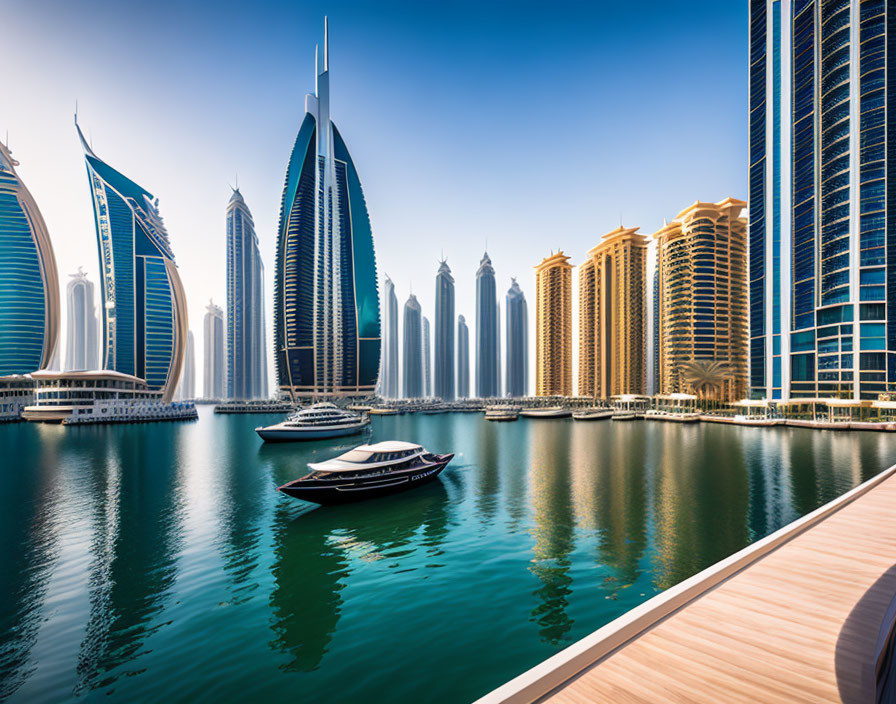 Luxury yacht on calm waters with modern skyscrapers and blue sky