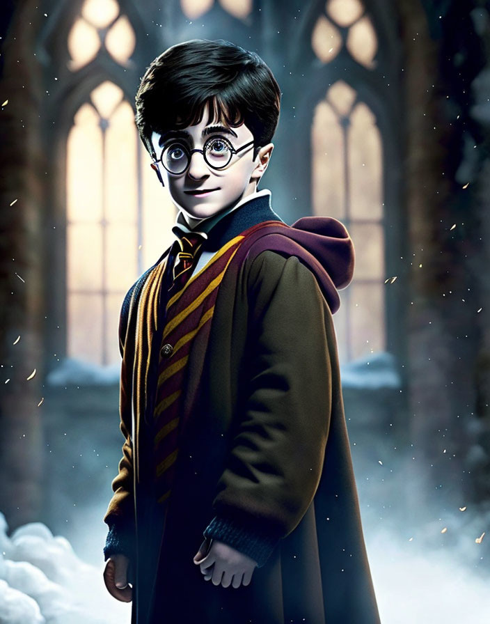 Young wizard with round glasses, wand, and cloak in snowy gothic scene