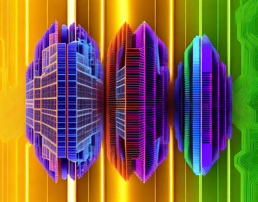 Abstract Symmetrical Digital Artwork of Futuristic Buildings on Gradient Background