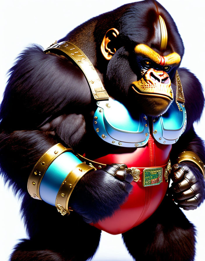 Muscular gorilla in fantasy armor with gold and blue accents