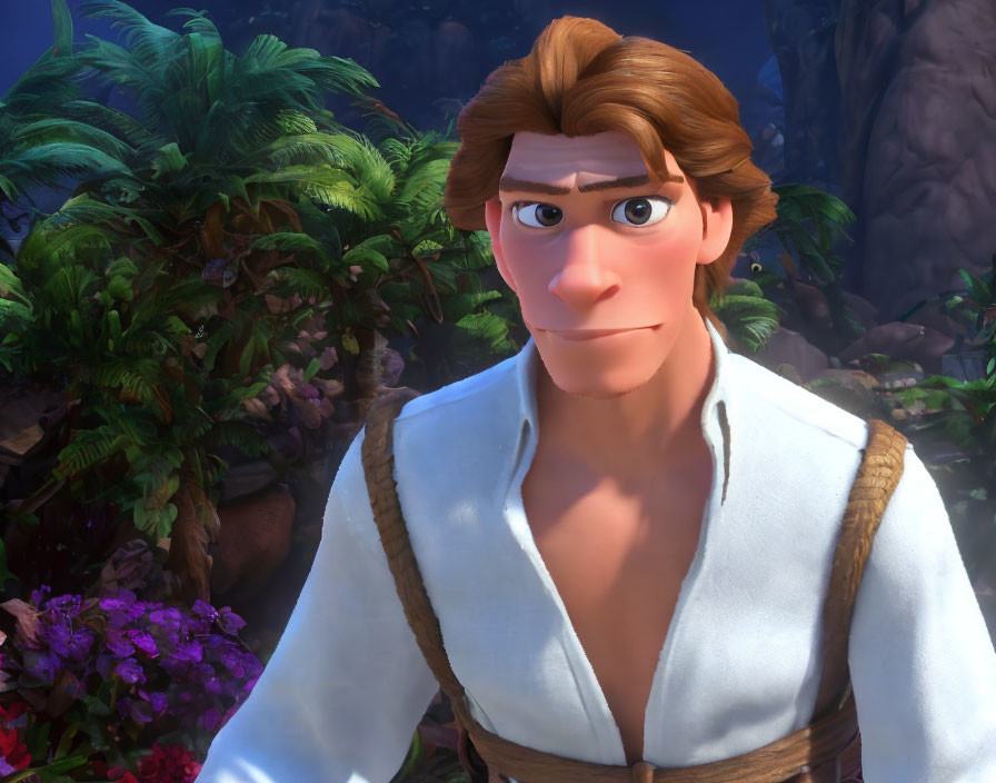 Brown-haired male character with smirk in white shirt and vest in vibrant forest