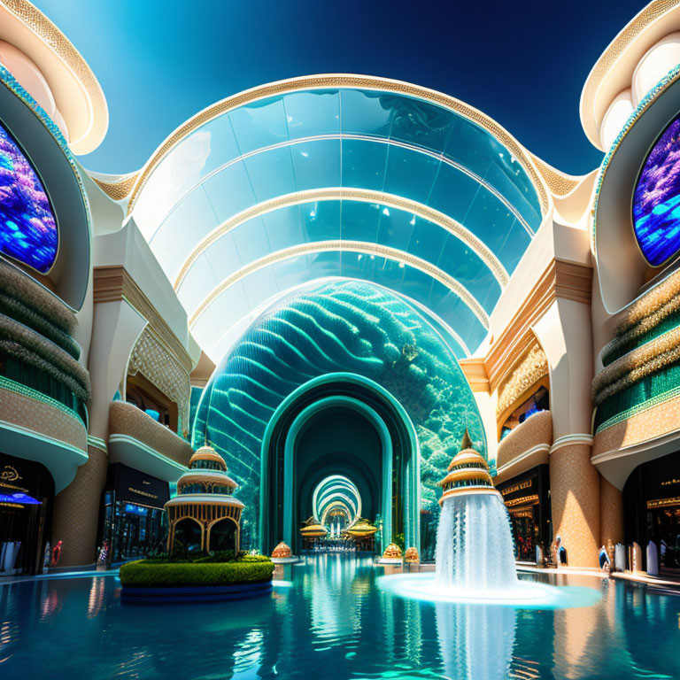 Luxurious indoor space with glass ceiling, aquatic displays, fountain, and ornate details.