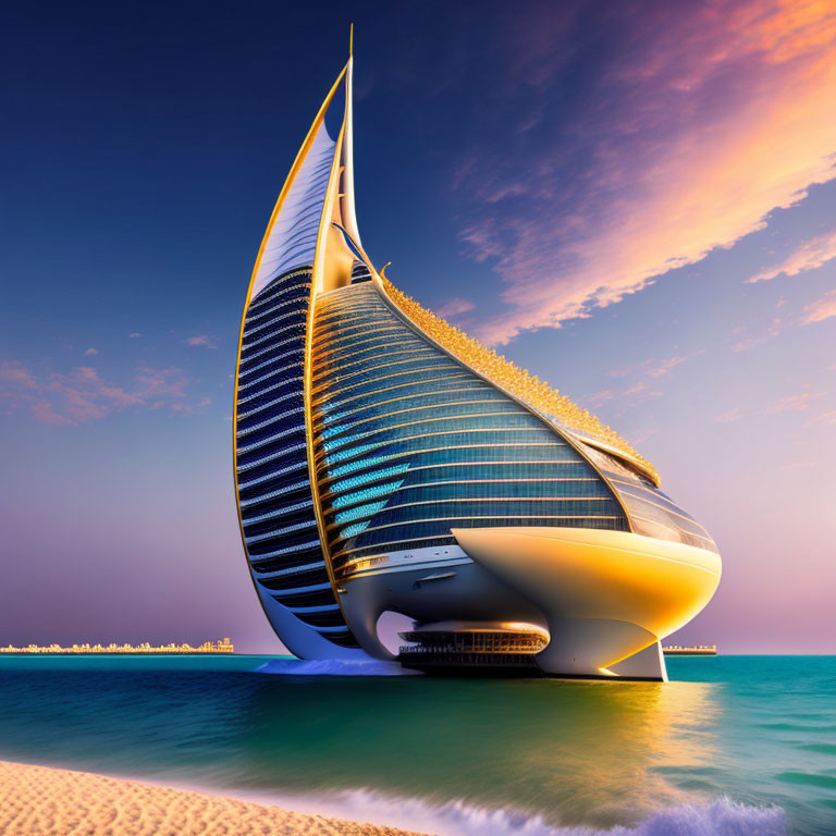 Sail-shaped skyscraper by tranquil beach at sunset