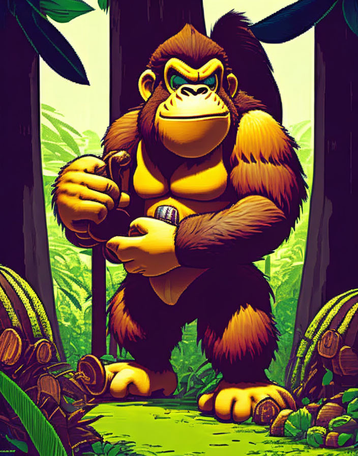 Muscular gorilla illustration with bananas in jungle