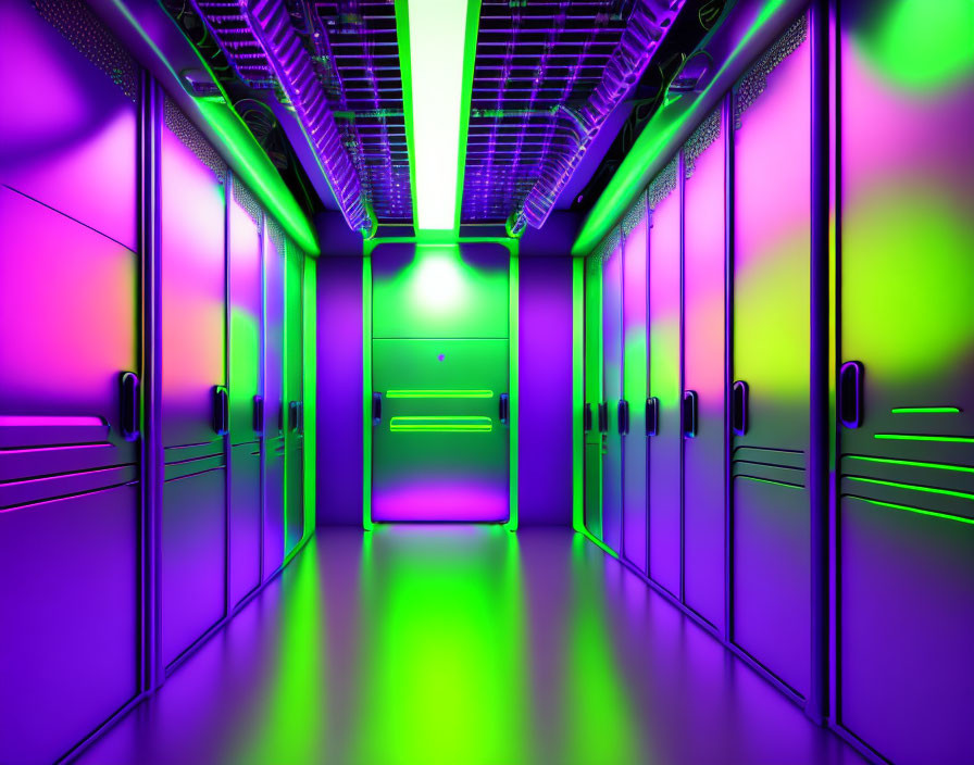 Colorful Data Center Corridor with Purple and Green Lighting and Server Racks