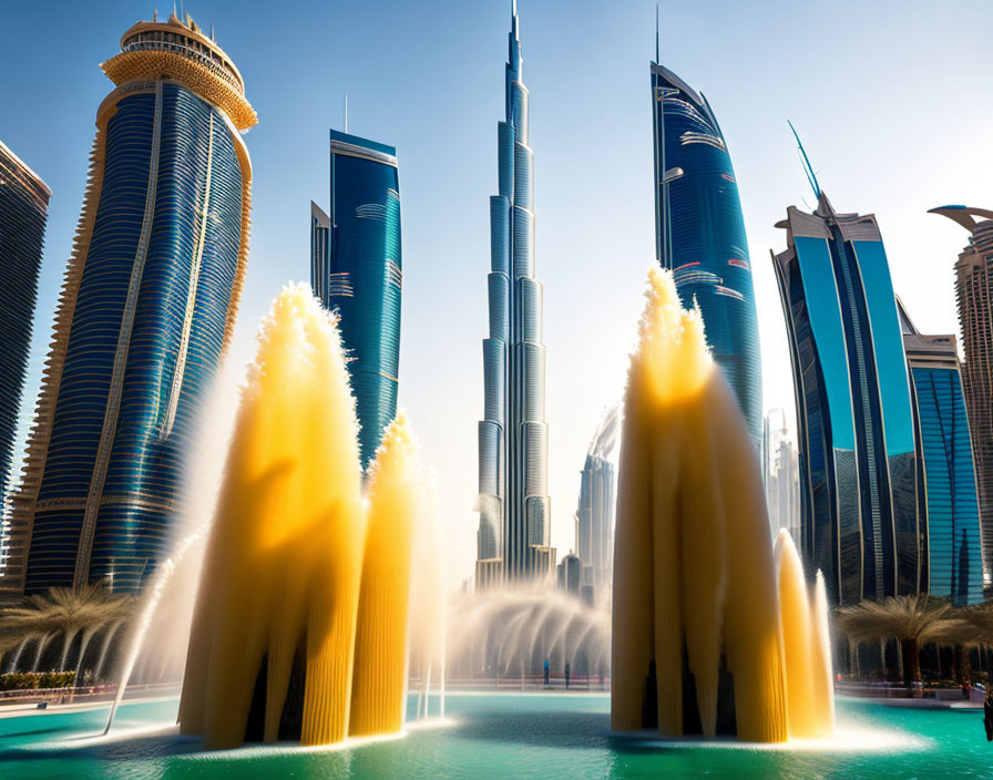 Modern skyscrapers backdrop vibrant fountain display