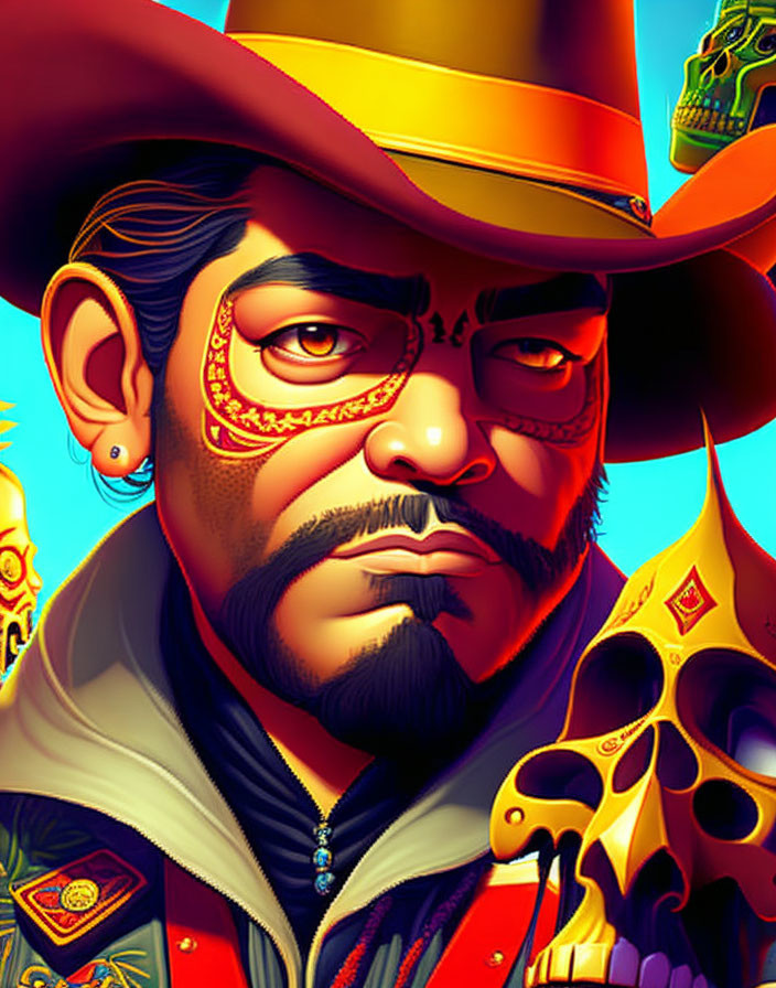 Stylized male figure with mustache in cowboy attire and mystical background