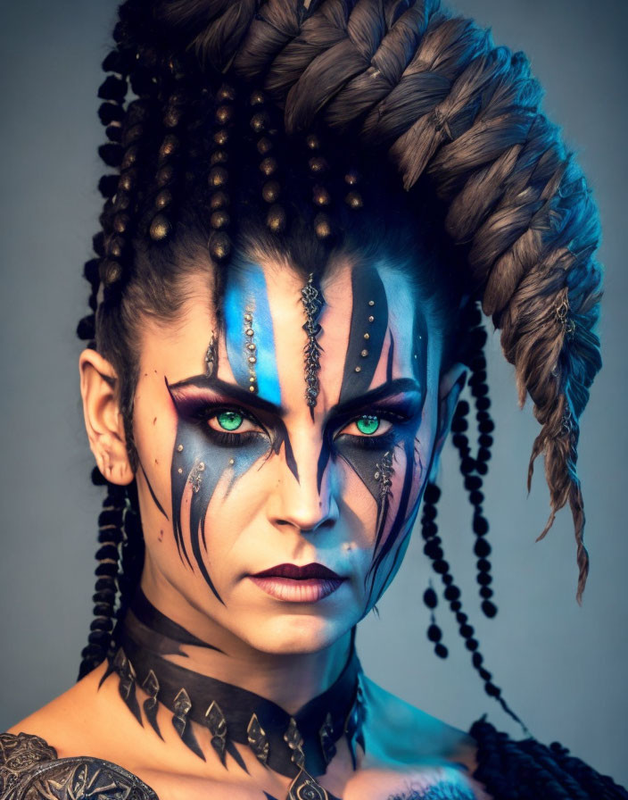 Portrait of a person with tribal makeup, braided hair, and green eyes on blue background