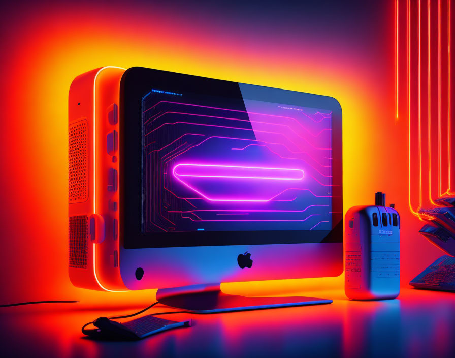 Futuristic Apple computer setup with neon lights and tech accessories