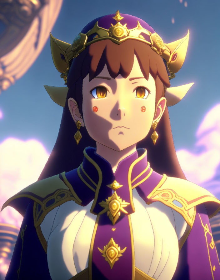 Regal animated character with crown in purple and gold attire