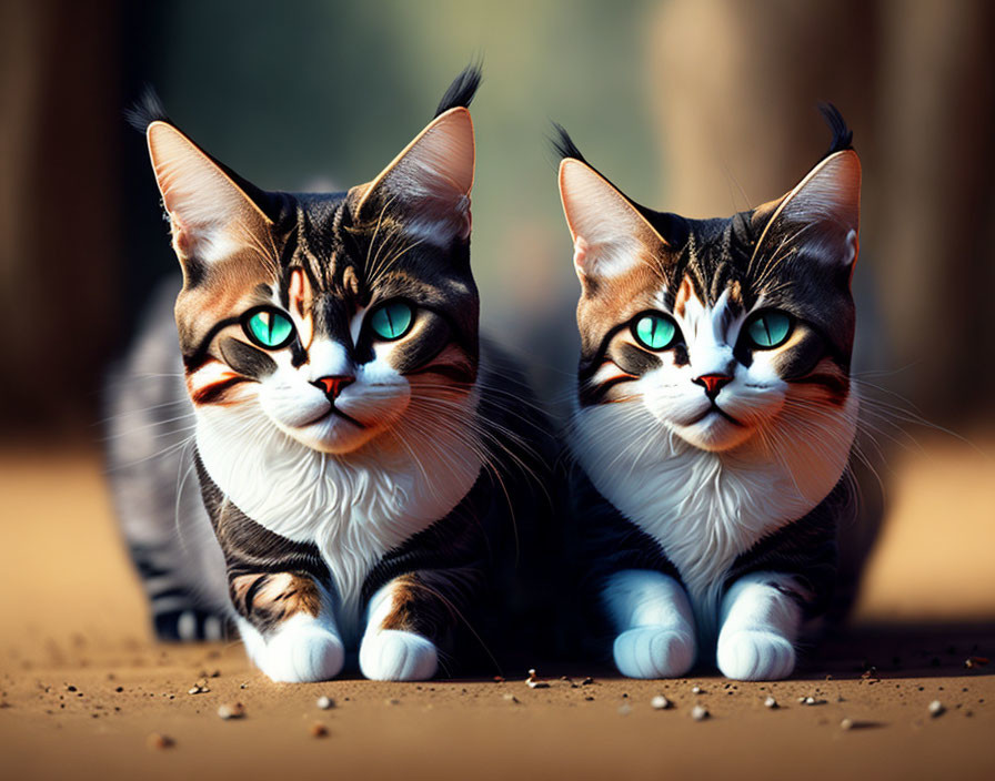 Identical Tabby Cats with Turquoise Eyes in Sunlight