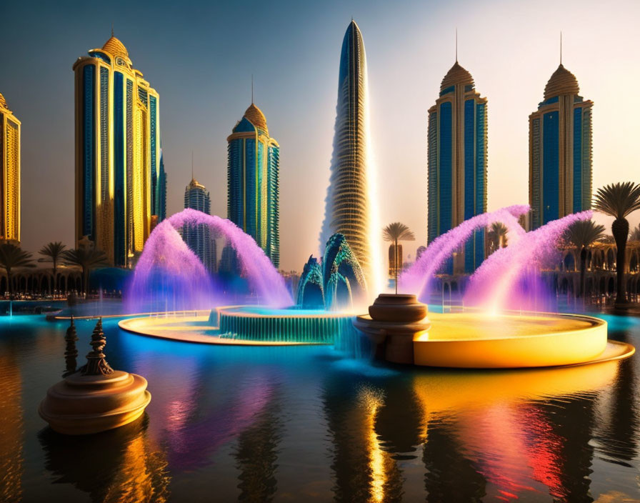 Colorful illuminated water fountains at modern skyscrapers at sunset