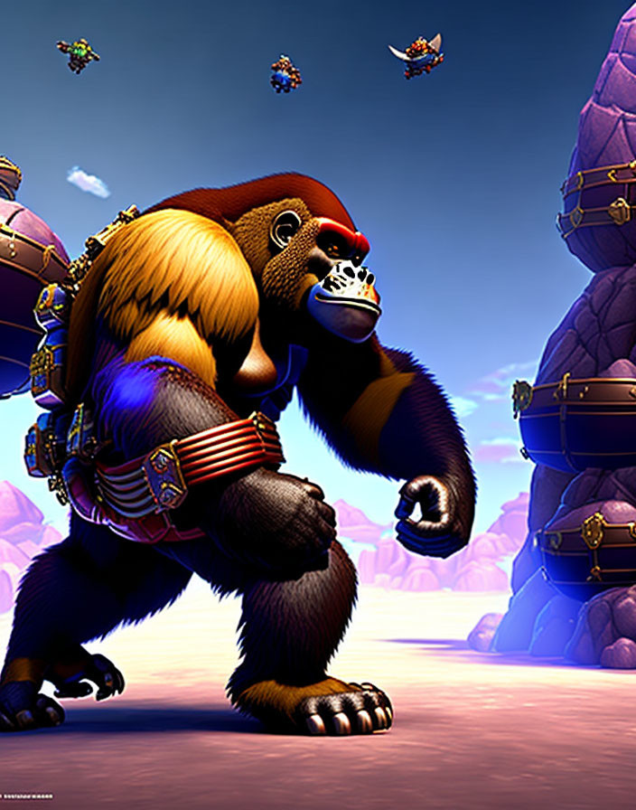 Stylized animated gorilla with mechanical gauntlet in heroic pose against purple sky