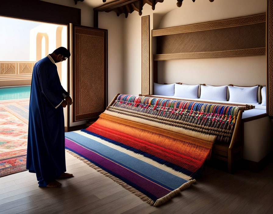 Traditional Attire Man Making Bed in Ethnic Decor Room