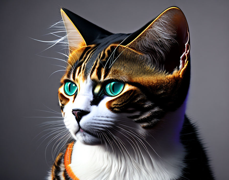 Digitally enhanced cat image: vivid blue eyes, sharp fur patterns on grey background