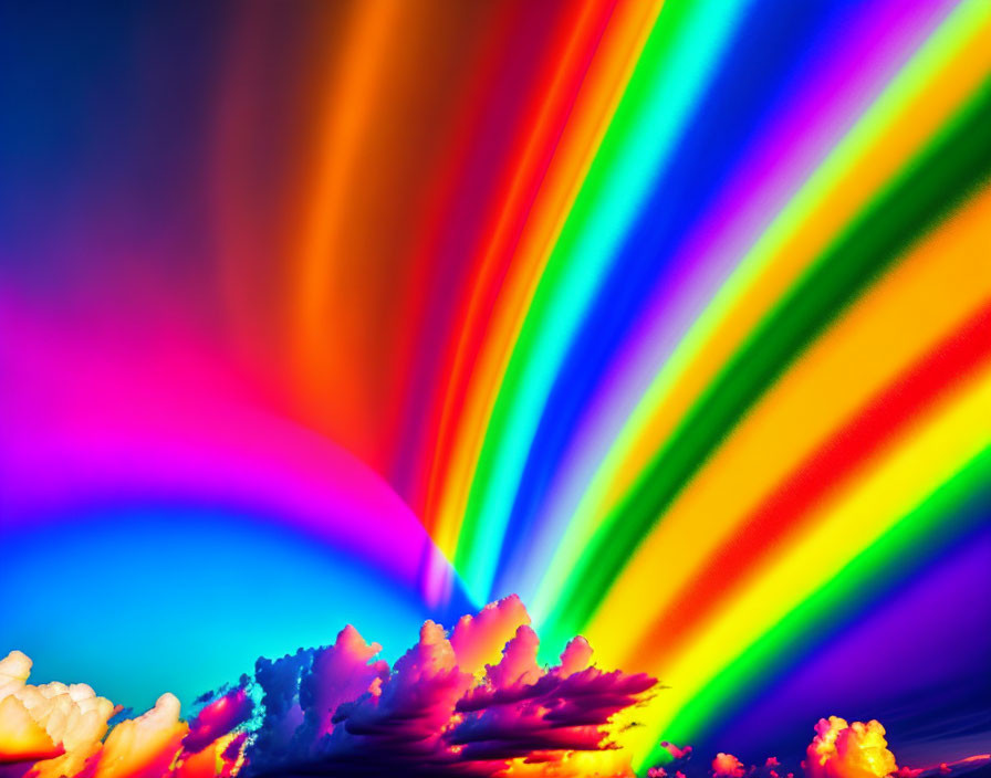 Colorful Rainbow Radiating from Central Point Over Cloud Silhouette