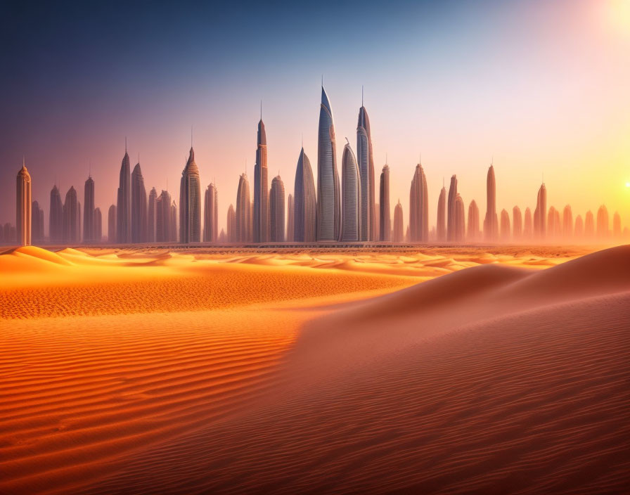 City skyline and desert dunes under setting sun