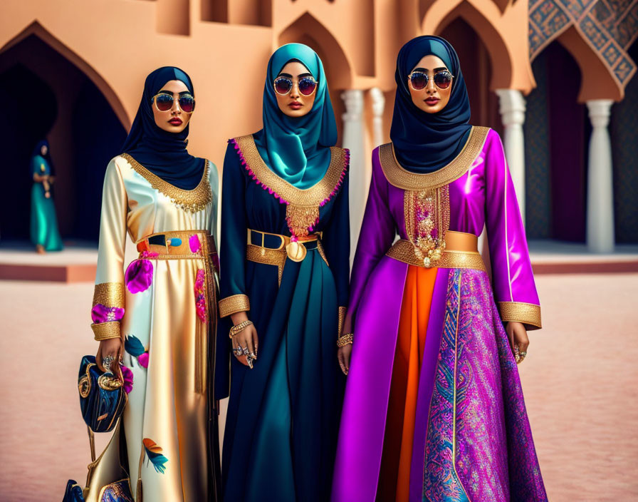 Three Women in Stylish Hijabs and Traditional Dresses Posing in Front of Ornate Building