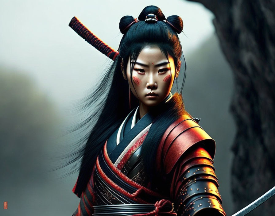 Female warrior in traditional East Asian armor wields sword in misty setting