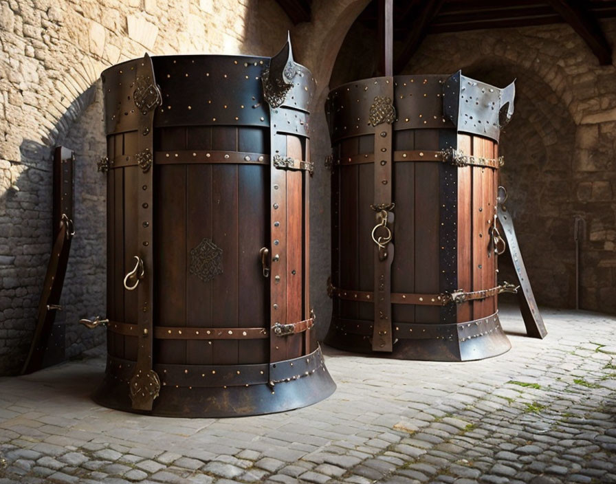 Medieval wooden stockades in stone-walled courtyard with sunlight filtering through