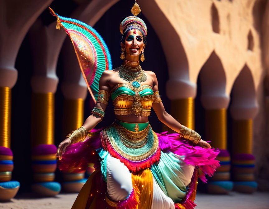 Traditional Indian Dancer in Vibrant Costume and Feather Background