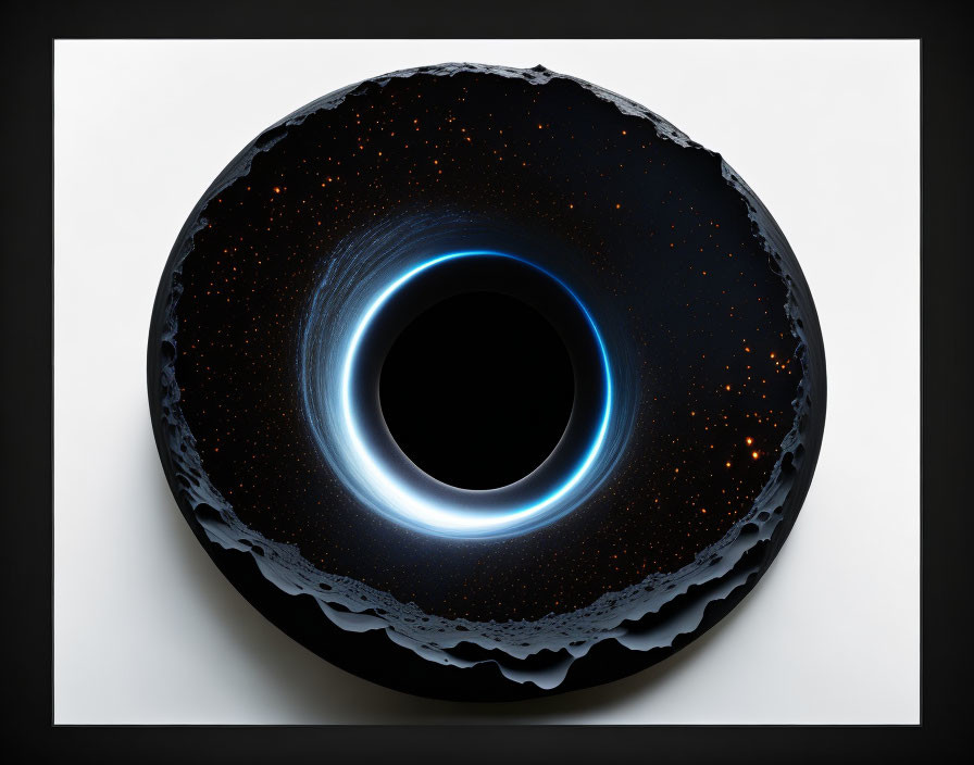 Circular art piece with cosmic theme: starry sky, blue ring, black hole on black background