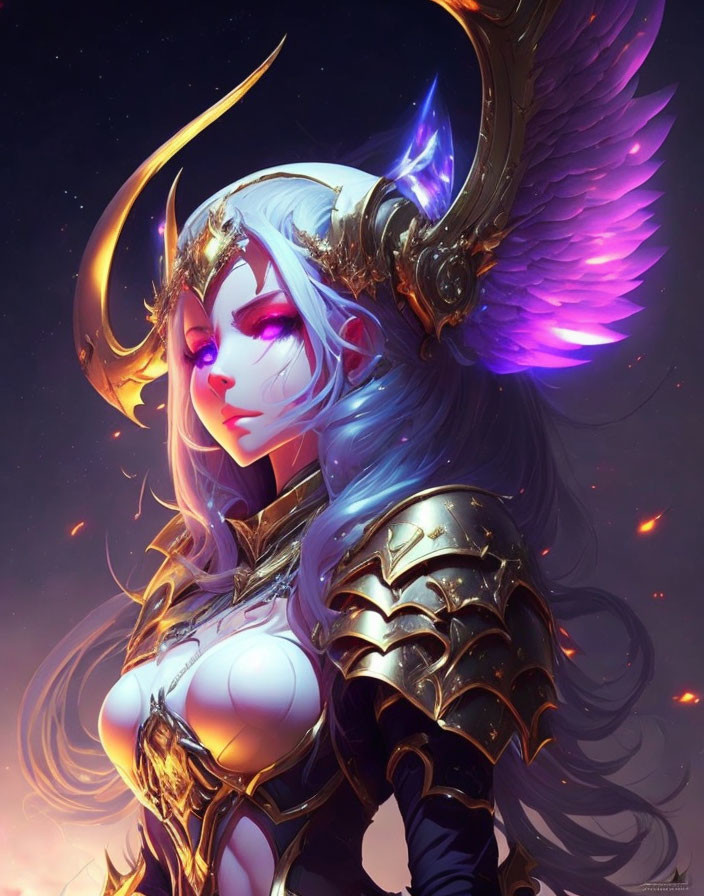 Fantasy digital art: Silver-haired female in golden armor against celestial backdrop