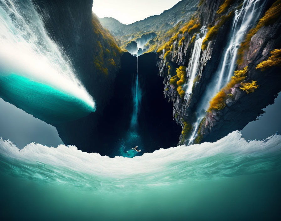 Kayaker in Deep Canyon with Waterfall and Curling Waves