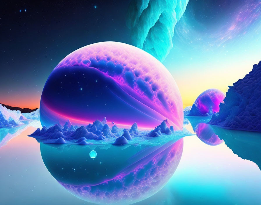 Surreal neon landscape with icy formations and celestial reflections