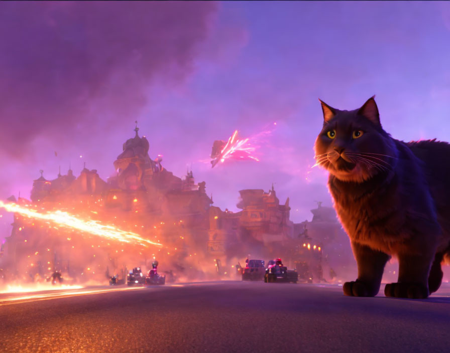 Large cat on road with colorful cityscape, fireworks, and approaching vehicles.