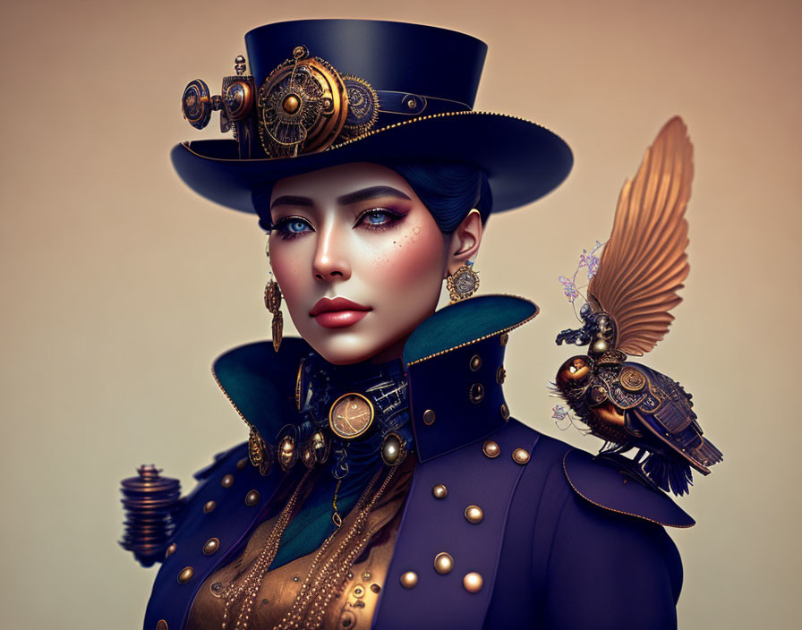 Steampunk-inspired woman with mechanical bird and gear accessories in high-collar jacket and top hat
