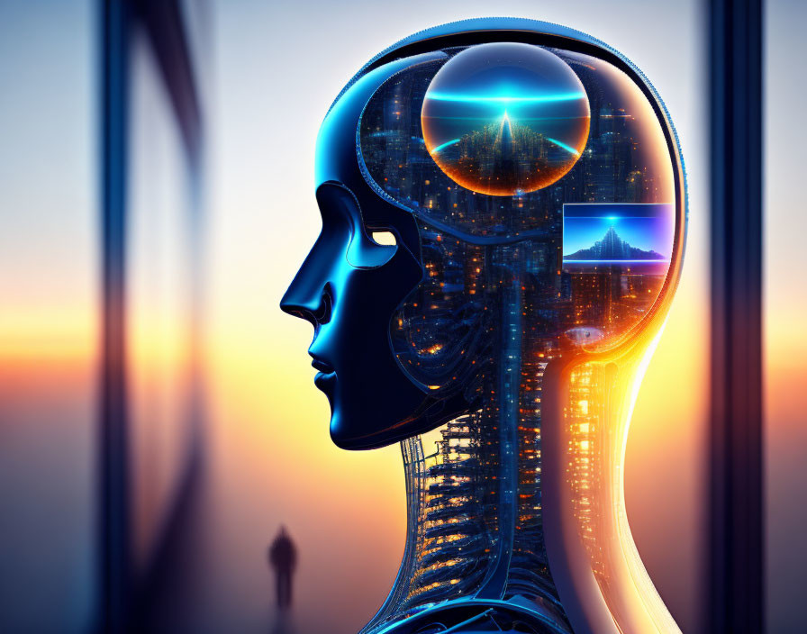 Digital illustration: Human-like robot head with intricate circuitry and cityscapes in thought bubbles