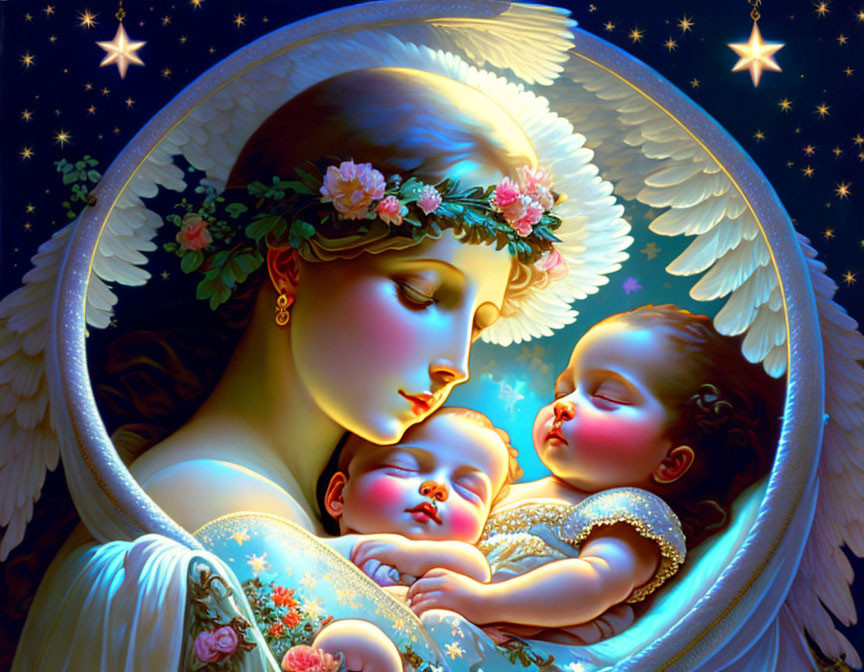 Angelic figure with flower crown holding sleeping infants in starlit night scene