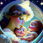 Angelic figure with flower crown holding sleeping infants in starlit night scene