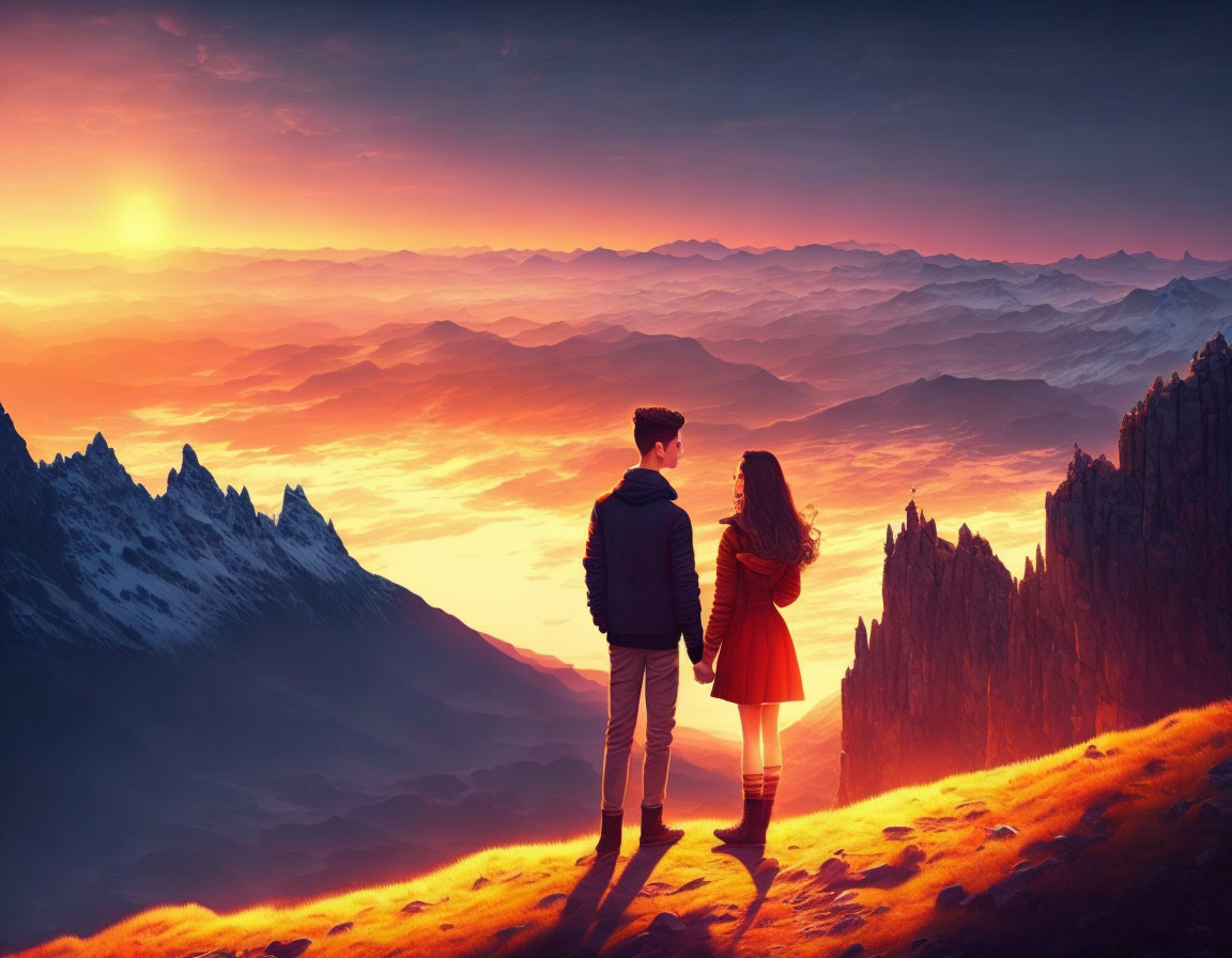 Couple Holding Hands on Hill Overlooking Sunset Landscape