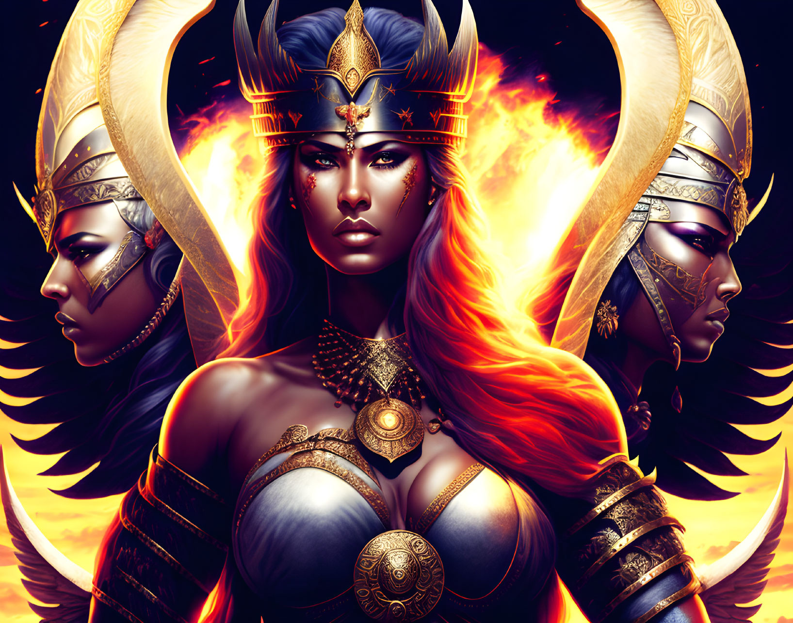 Three warrior-like women in golden armor with fiery wings.