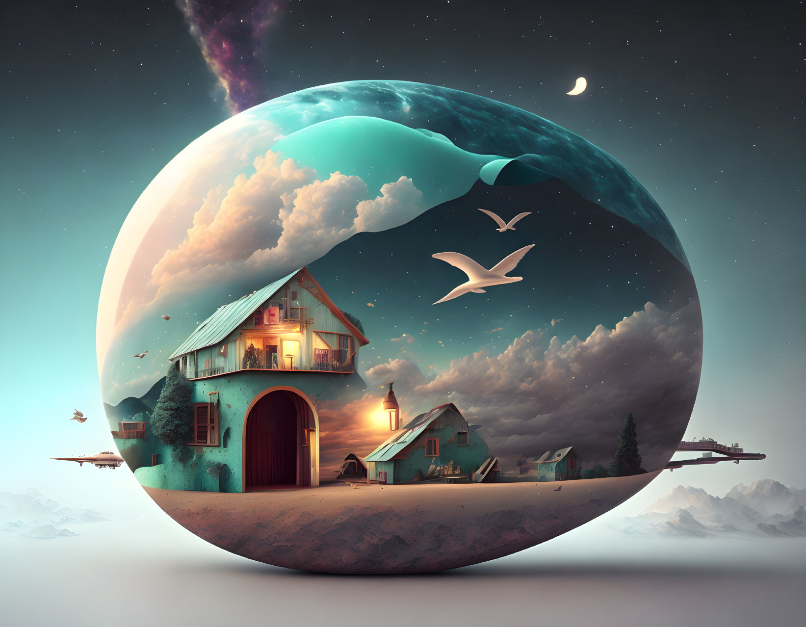 Surreal house in bubble world under twilight sky with birds, moon, and mountains