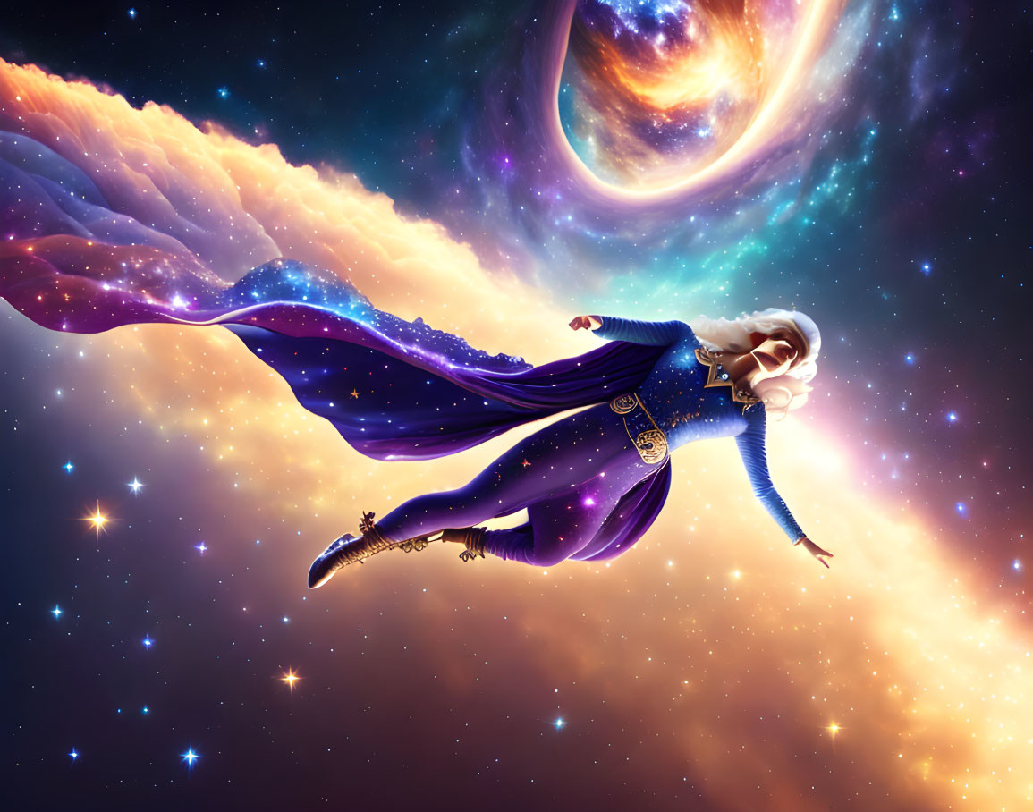 Person with elf-like ears in purple cloak in cosmic setting