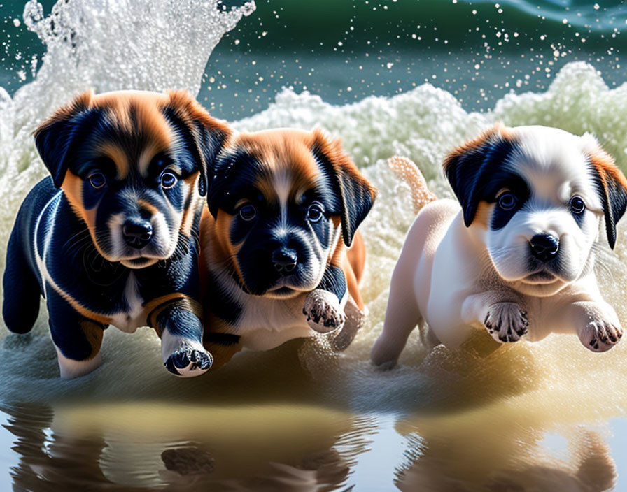 Three cute puppies playing in water with splashes around them