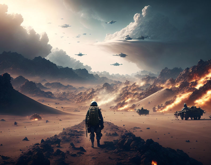 Spacesuit figure walks on burning alien landscape under stormy sky