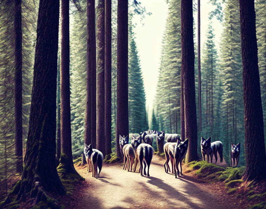 Deer herd in forest with towering trees & sunlight