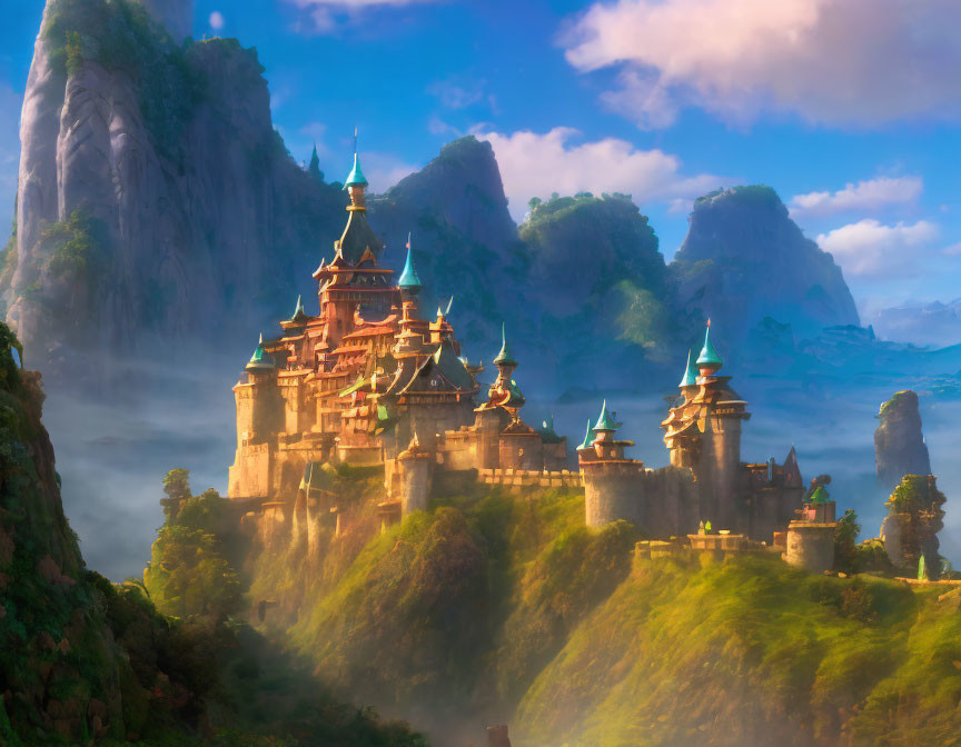 Majestic fantasy castle on towering cliffs in warm light with swirling mist.