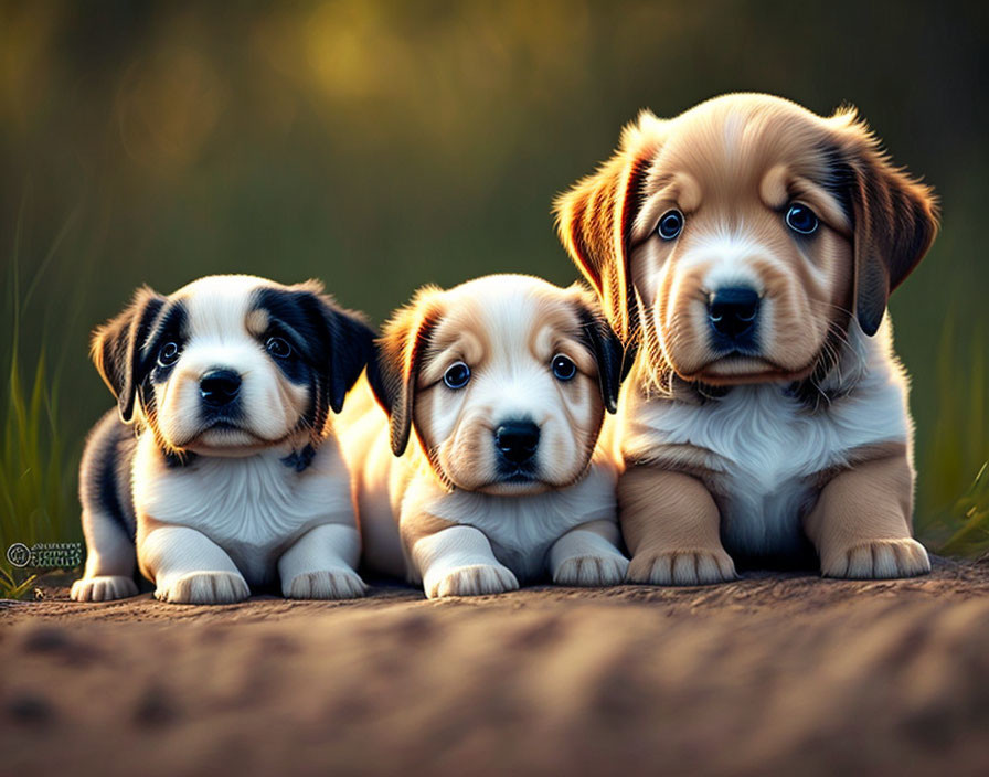 Three adorable puppies with expressive eyes in warm sunlight