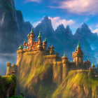 Majestic fantasy castle on towering cliffs in warm light with swirling mist.