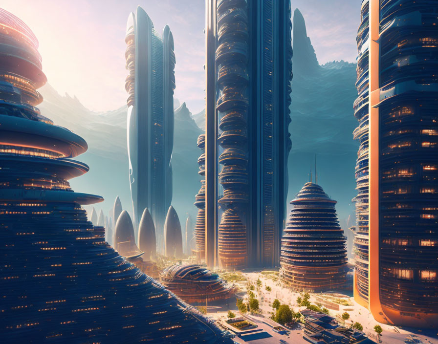 Futuristic cityscape with towering skyscrapers and terraced designs amidst rocky formations