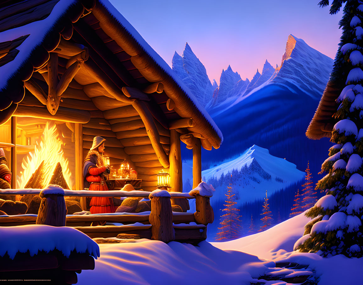 Snow-covered log cabin with glowing fireplace and mountains at twilight